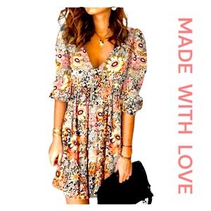 MADE WITH LOVE Floral Mini Popover Dress, Multicolored, Size M.